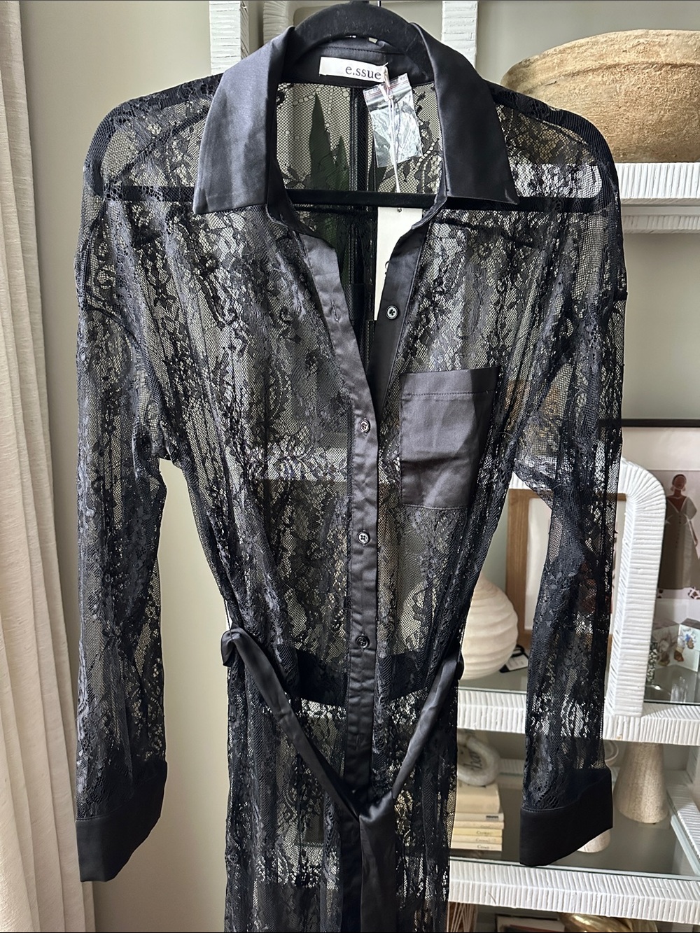Sheer Black Lace Button-Down Dress with Satin Trim